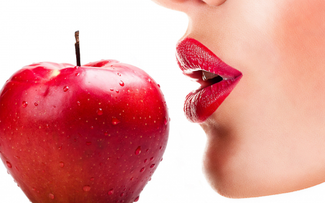 2560x1440 pix. Wallpaper women, model, face, portrait, lips, red lipstick, open mouth, closeups, smooth skin, fruit, apples