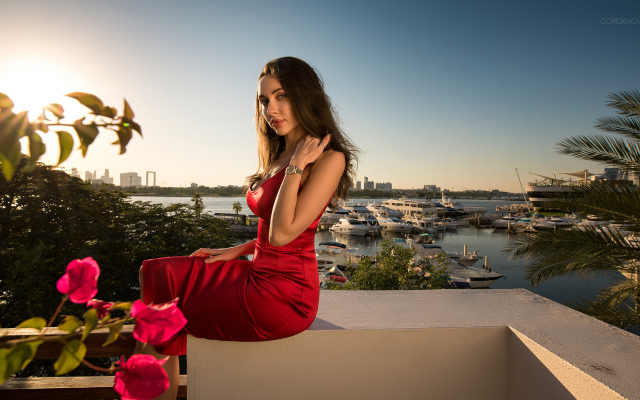 2048x1264 pix. Wallpaper women, model, brunette, red dress, yacht, palm