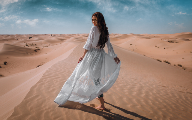 2048x1441 pix. Wallpaper women, model, sand, dune, desert, white dress, brunette