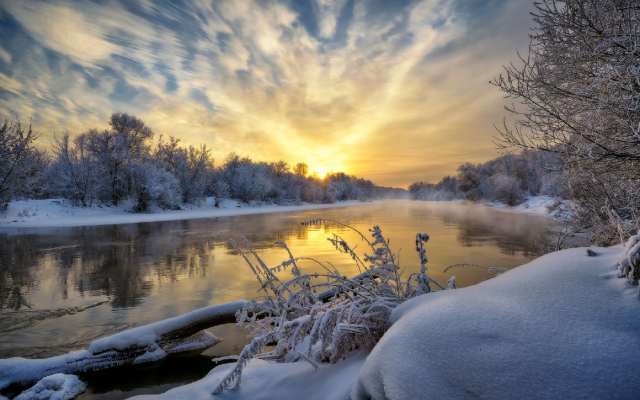 1920x1264 pix. Wallpaper river, trees, snow, frost, sky, reflection, nature