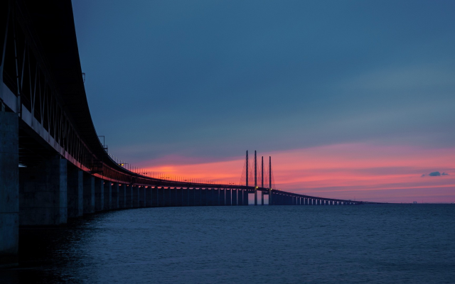 1920x1080 pix. Wallpaper nature, landscape, sea, water, horizon, Sweden, bridge, road, pillars, architecture, sunset, clouds