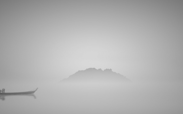 1920x1080 pix. Wallpaper nature, landscape, minimalism, water, lake, hill, mist, boat, people, reflection, mysterious