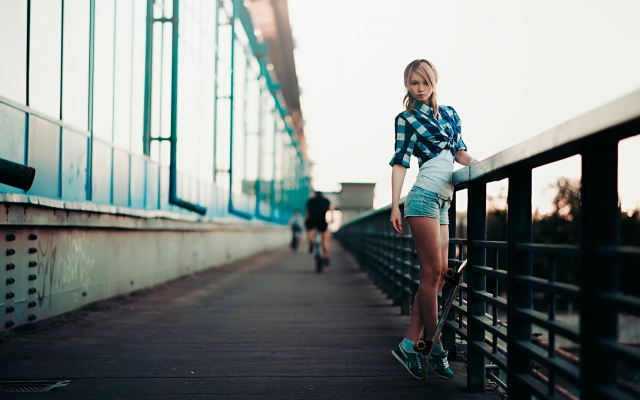 1920x1080 pix. Wallpaper girl, city, skateboard, legs, jeans shorts, blonde
