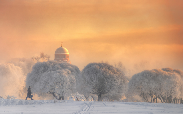 2000x1151 pix. Wallpaper tree, winter, sky, nature, snow, church, dome, saint petersurg, russia