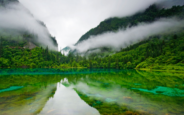 2048x1365 pix. Wallpaper Jiuzhaigou Nature Reserve, China, lake, clear water, trees, mountain, clouds, Five Colored Lake