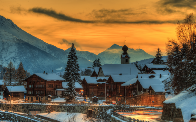 5466x3646 pix. Wallpaper switzerland, mountains, house, winter, evening, town, sunset