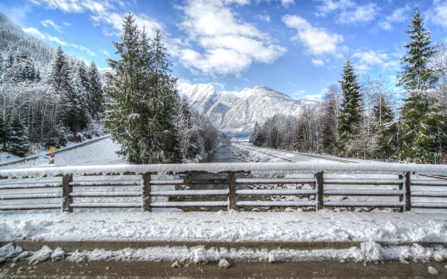 6021x4012 pix. Wallpaper road, snow, tree, mountains, sky, winter, bridge, nature