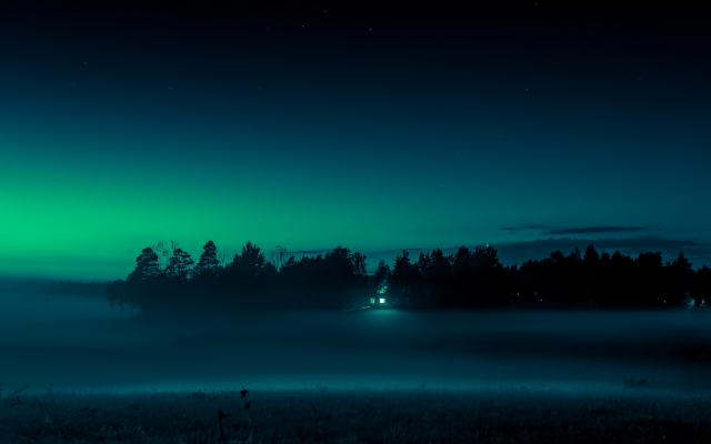 4497x2363 pix. Wallpaper light, night, landscape, fog, field, house, nature