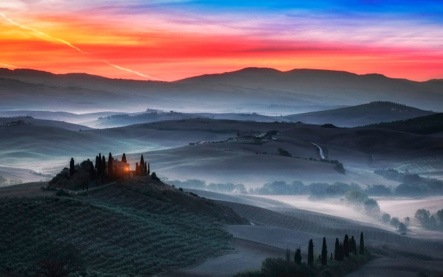 1920x1080 pix. Wallpaper field, hills, sky, horizon, sunset, farm, light, tuscany, italy, nature