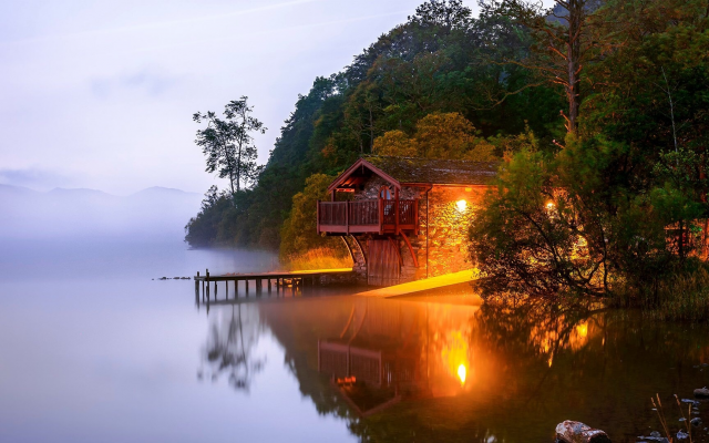 1920x1080 pix. Wallpaper lake, house, pier, fog, light, reflection, england, alswater, nature