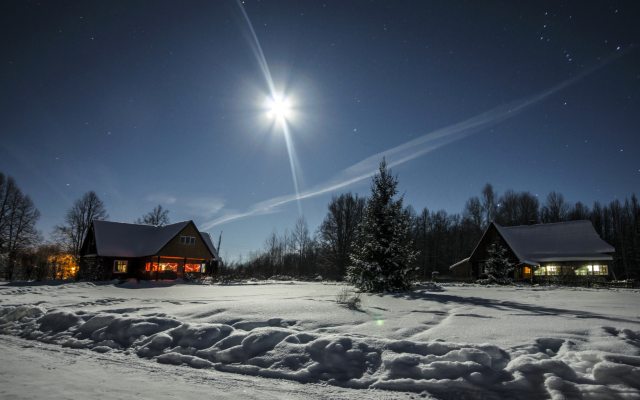 2684x1520 pix. Wallpaper winter, snow, house, tree, moon, night, nature