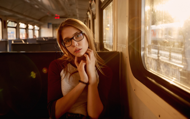 2560x1591 pix. Wallpaper women, portrait, brunette, glasses, sitting, train