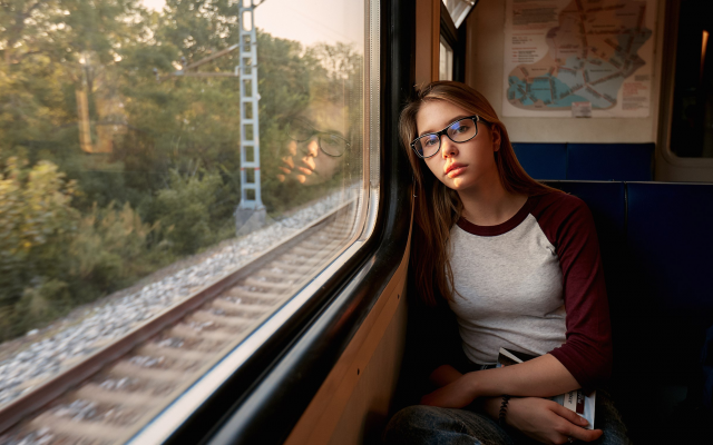 2560x1511 pix. Wallpaper women, portrait, brunette, glasses, shirt, train, girl