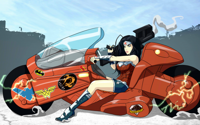 7000x3927 pix. Wallpaper Wonder Woman, artwork, Akira, motorcycles, crossover