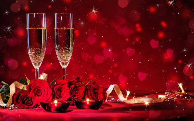 4452x2800 pix. Wallpaper holidays, flowers, roses, ribbon, glasses, champagne, heart, sparkles