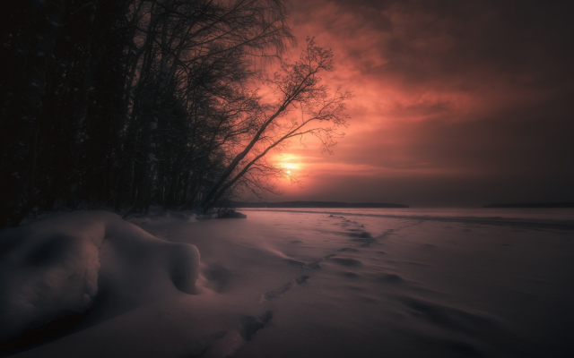 2560x1600 pix. Wallpaper sunset, twilight, winter, snow, clouds