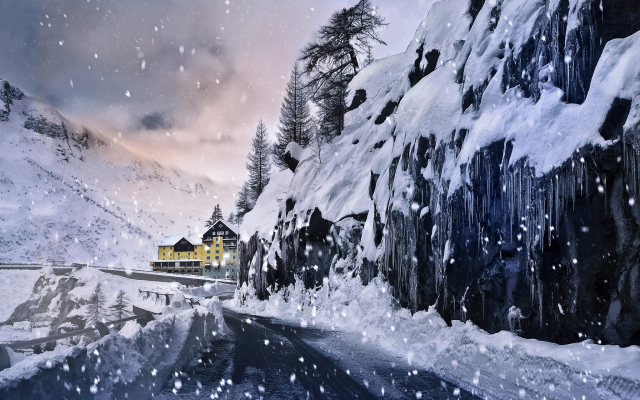 2048x1280 pix. Wallpaper nature, winter, snow, mountains, road, houses