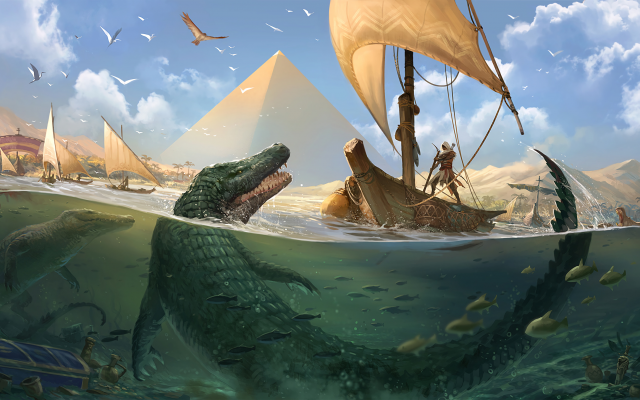 2600x1448 pix. Wallpaper the crocodiles jaws, assassins creed origins, video games, assassins creed, egypt, boat, crocodile
