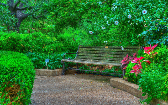 2880x1800 pix. Wallpaper bench, flowers, park