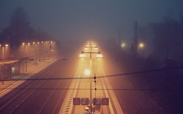 3872x2416 pix. Wallpaper train station, night, mist, fog, railroad