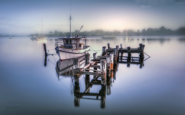 1920x1190 pix. Wallpaper boat, lake, fog, old bridge, pier, nature