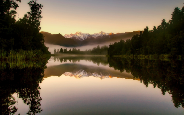 2000x1333 pix. Wallpaper new zealand, nature, landscape, mountains, lake, forest, morning, fog, reflection