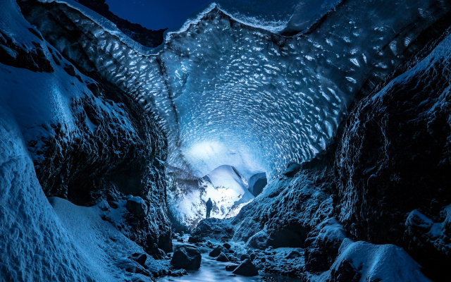 4240x2832 pix. Wallpaper glacier, cave, man, ice, snow, nature, glacier cave