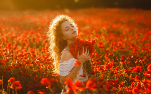 1920x1280 pix. Wallpaper women, flowers, red flowers, outdoors, closed eyes, girl, poppies, poppy, nature