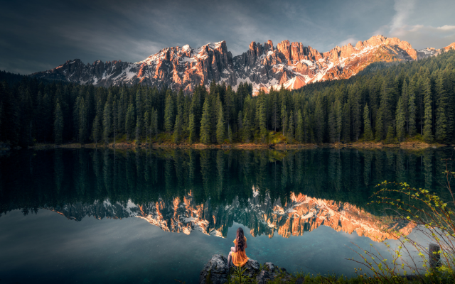 2048x1366 pix. Wallpaper karersee, south tyrol, dolomites, nature, landscape, italy, lake, reflection, mountains, forest, women