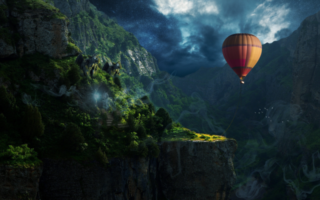 5906x3322 pix. Wallpaper mountains, cave, rocks, fog, birds, clouds, sky, hot air balloon