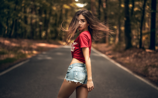 2048x1365 pix. Wallpaper women, t-shirt, jeans shorts, road, hair in face, trees, outdoors, forest