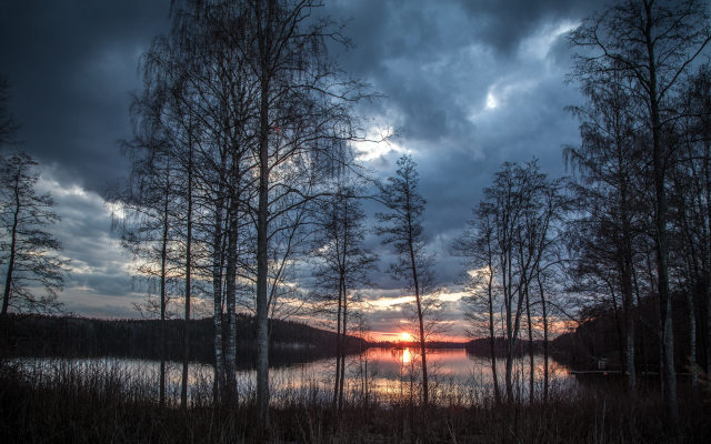 5616x3744 pix. Wallpaper sunset, lake, trees, sky, clouds, forest, nature