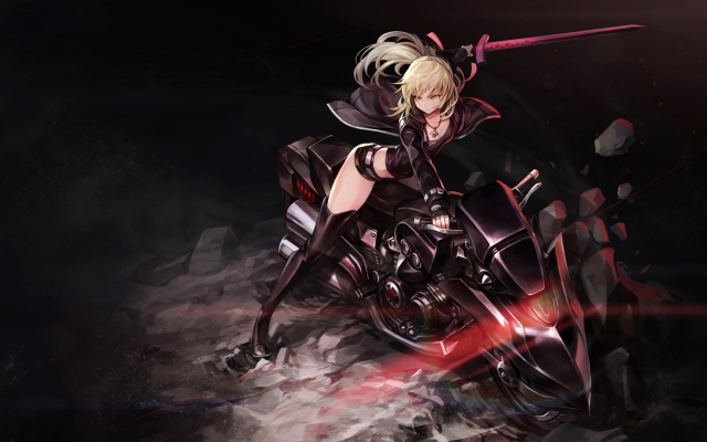 1920x1080 pix. Wallpaper fate grand order, saber alter, thigh-highs, gloves, weapon, sword, motorcycle, bike, anime