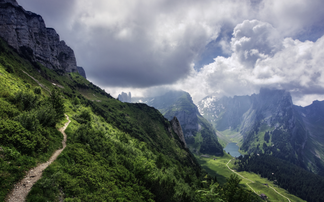 6060x4013 pix. Wallpaper alps, switzerland, mountains, clouds, sky, path, lake, landscape, saint-gallen, appenzell