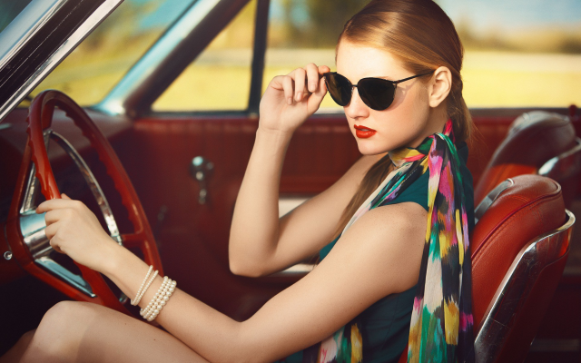 1920x1200 pix. Wallpaper sunglasses, scarf, bangles, red lipstick, car, blonde, vintage, sitting, women
