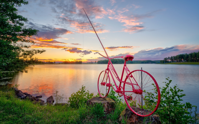 2048x1367 pix. Wallpaper norway, nature, lake, sunset, bicycle, fishing rod