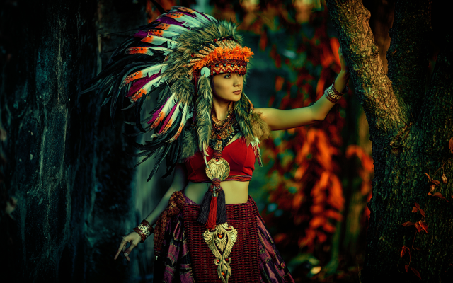 5616x3510 pix. Wallpaper women, girl, nature, trees, skirt, feather, makeup, costume