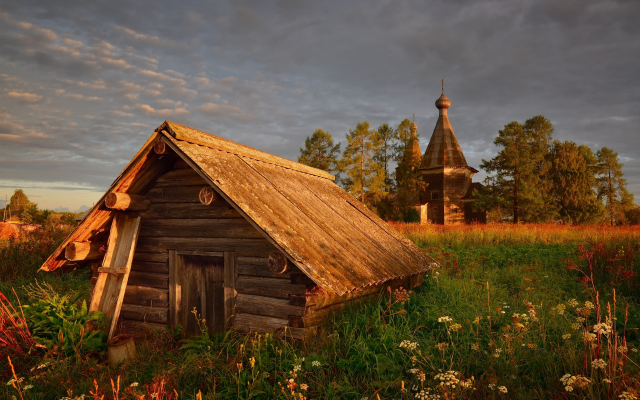 2560x1709 pix. Wallpaper nature, village, hut, house, church, grass, sunset, clouds, russia