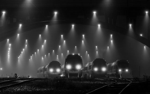 2200x1375 pix. Wallpaper train station, railway, denmark, mist, landscape, night, lights, monochrome, technology