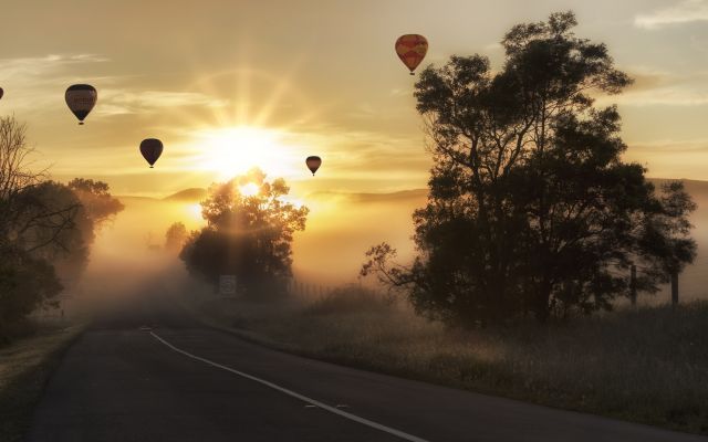 5462x3072 pix. Wallpaper sunrise, road, balloon, trees, fog, nature, hot air balloon