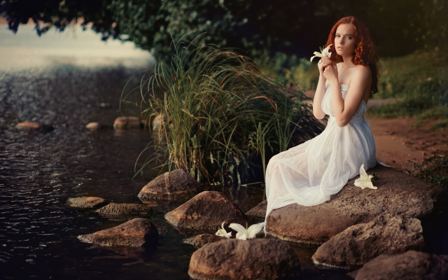 4000x2667 pix. Wallpaper white dress, redhead, dress, river, flowers, rocks