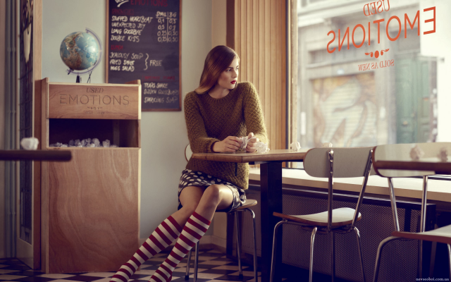 2560x1600 pix. Wallpaper sweater, skirt, knee-highs, sitting, polka dots, red lipstick, women indoors, globes, chair