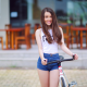 women, Asian, smiling, women with bikes, jean shorts wallpaper