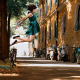 women, jumping, brunette, street, lights, bicycle, autumn, dress wallpaper