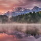 Germany, lake, forest, fog, mist, mountains, snowy peak, sunrise, reflection, landscape, nature wallpaper