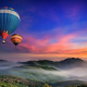 forest, balloons, hot air balloons, nature, sunset, mist wallpaper