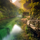 river, walkway, slovenia, path, forest, sun rays, nature wallpaper
