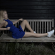 bench, blonde, women, legs, blue dress wallpaper