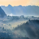 fog, mist, sunrise, nature, village, mountains, sun rays, indonesia, forest, valley, bali wallpaper