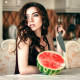 woman, knife, watermelon, brunette wallpaper